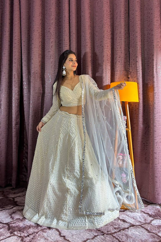 Ivory White Mirror Work Lehenga with Net Dupatta