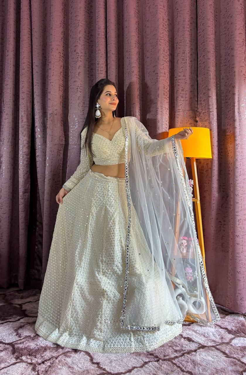 Ivory White Mirror Work Lehenga with Net Dupatta