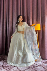 Ivory White Mirror Work Lehenga with Net Dupatta