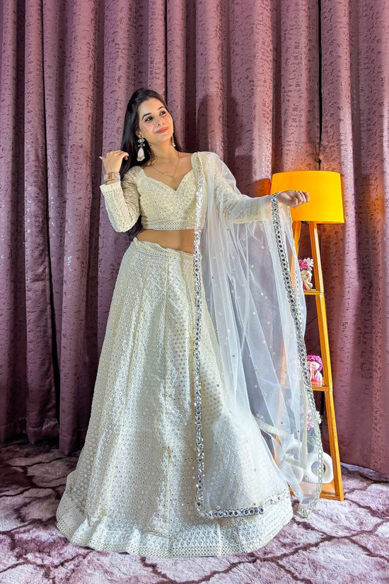 Ivory White Mirror Work Lehenga with Net Dupatta