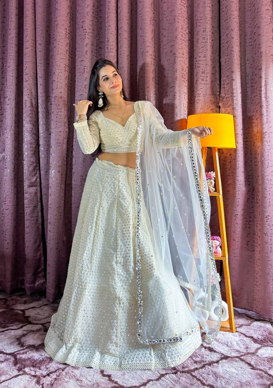 Ivory White Mirror Work Lehenga with Net Dupatta