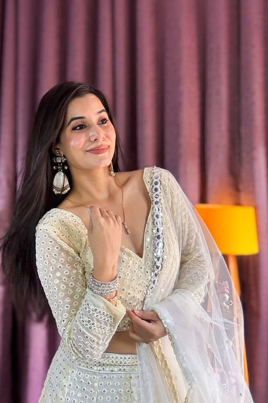 Ivory White Mirror Work Lehenga with Net Dupatta