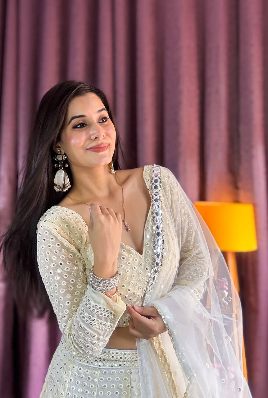 Ivory White Mirror Work Lehenga with Net Dupatta