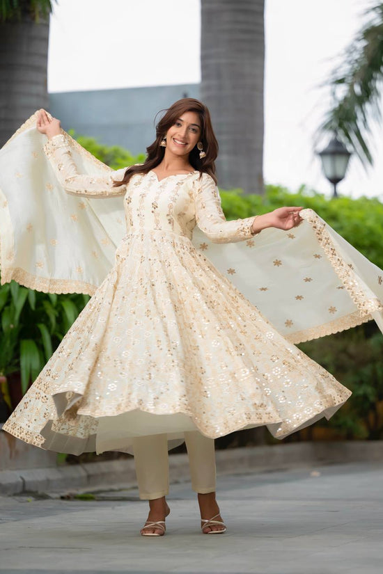 Ivory Anarkali Suit with Golden Sequin Embroidery and Dupatta