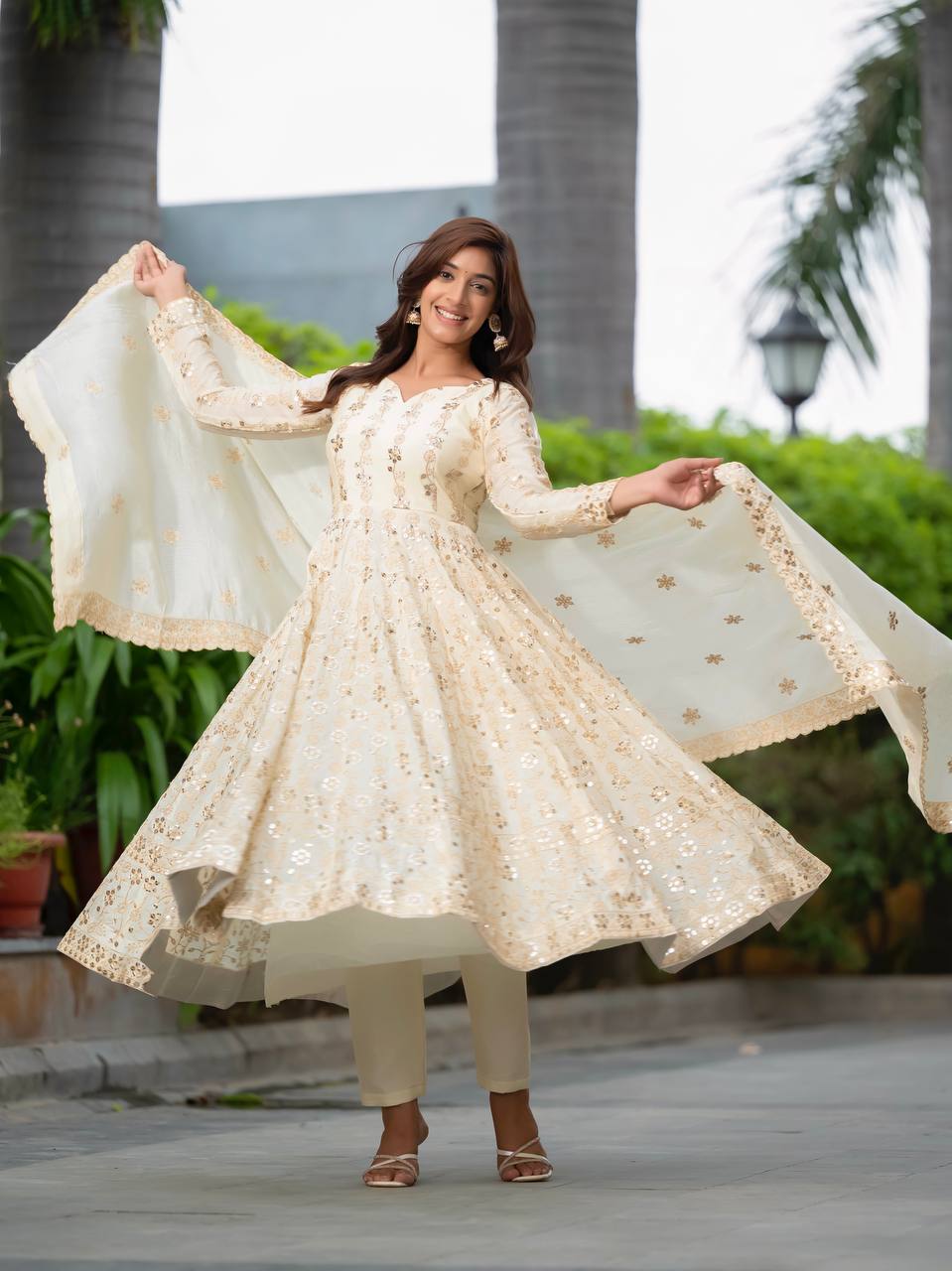 Ivory Anarkali Suit with Golden Sequin Embroidery and Dupatta