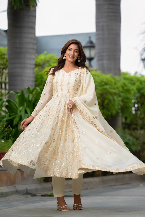 Ivory Anarkali Suit with Golden Sequin Embroidery and Dupatta