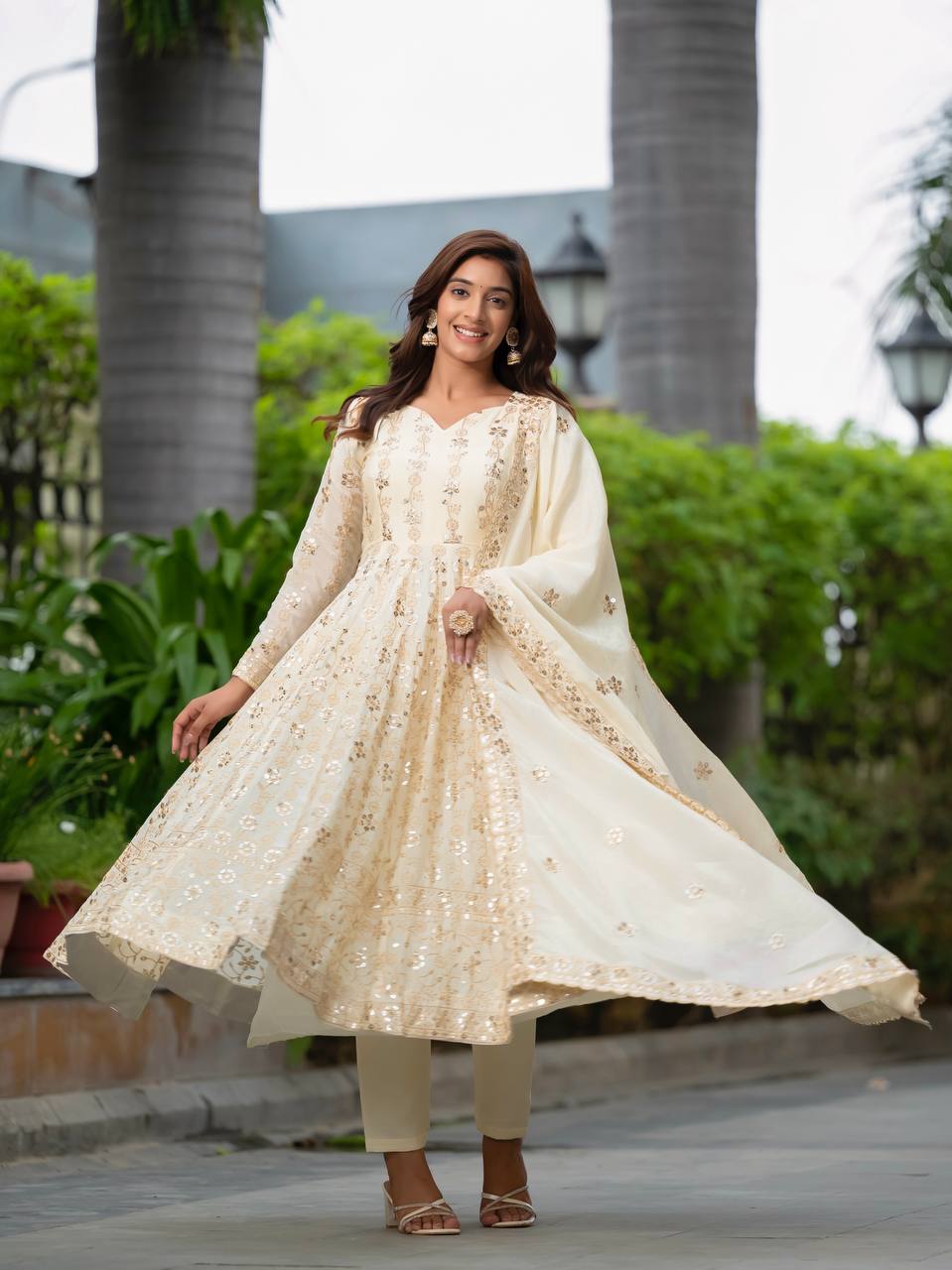 Ivory Anarkali Suit with Golden Sequin Embroidery and Dupatta