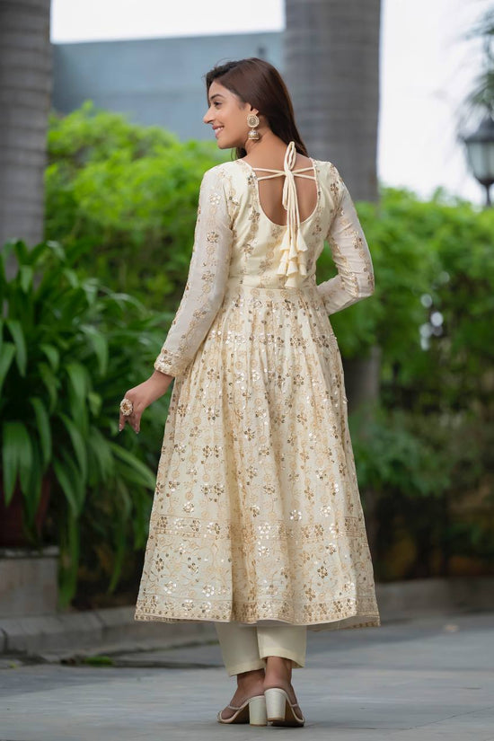 Ivory Anarkali Suit with Golden Sequin Embroidery and Dupatta