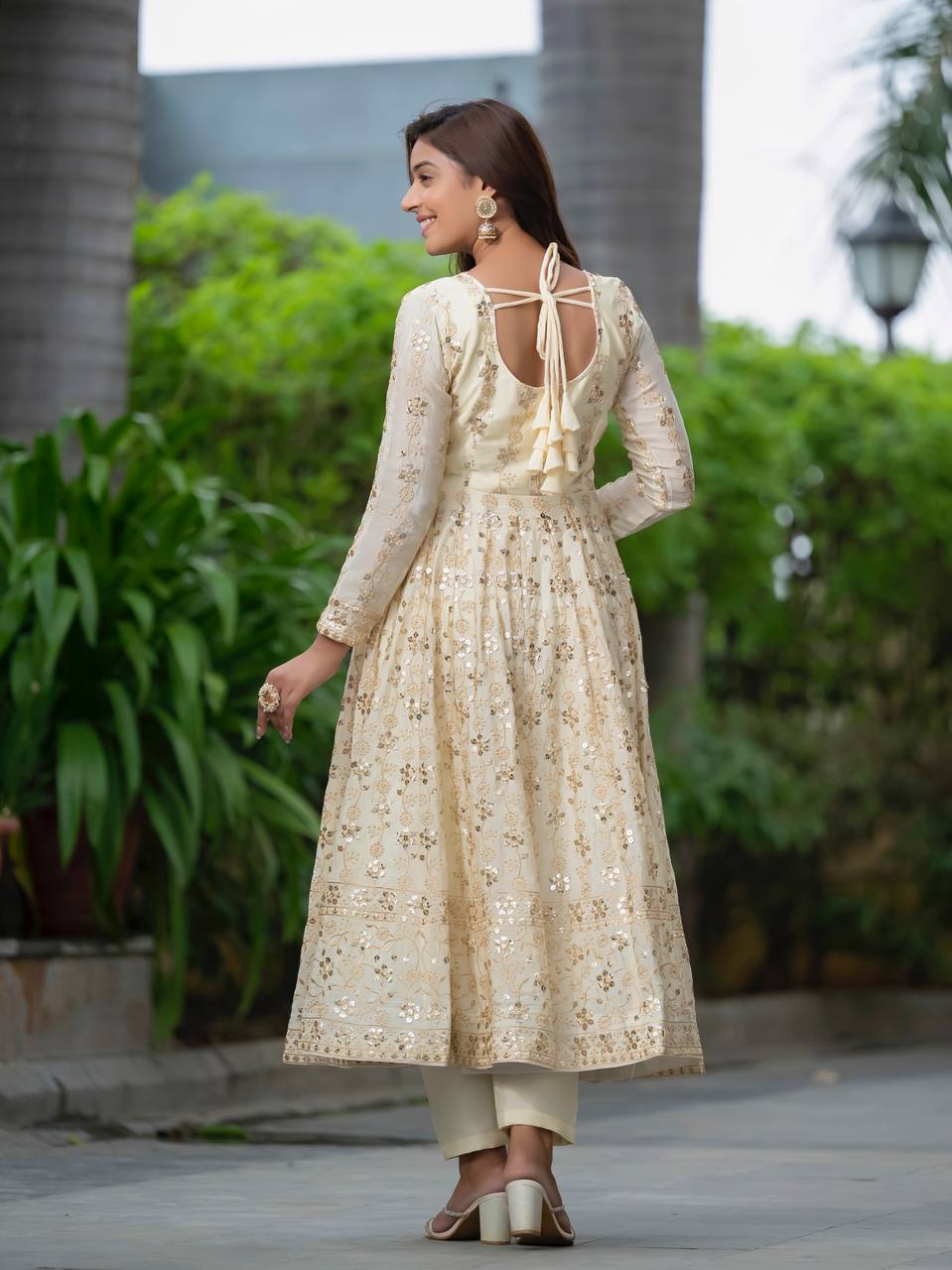 Ivory Anarkali Suit with Golden Sequin Embroidery and Dupatta