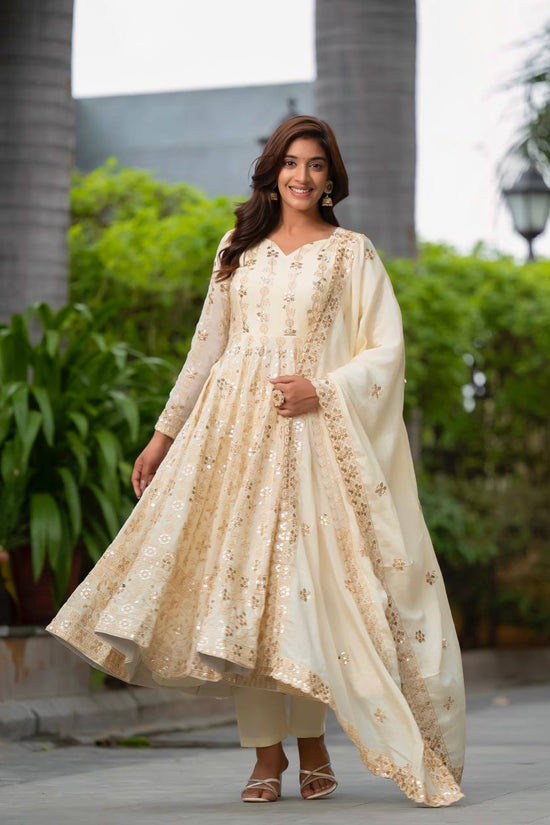 Ivory Anarkali Suit with Golden Sequin Embroidery and Dupatta