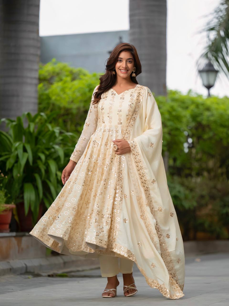Ivory Anarkali Suit with Golden Sequin Embroidery and Dupatta