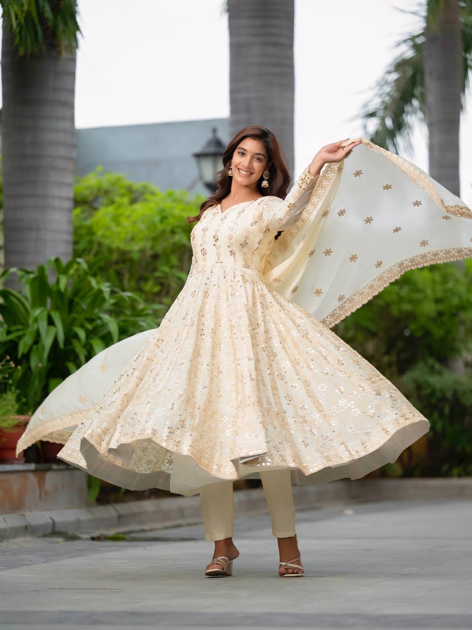 Ivory Anarkali Suit with Golden Sequin Embroidery and Dupatta