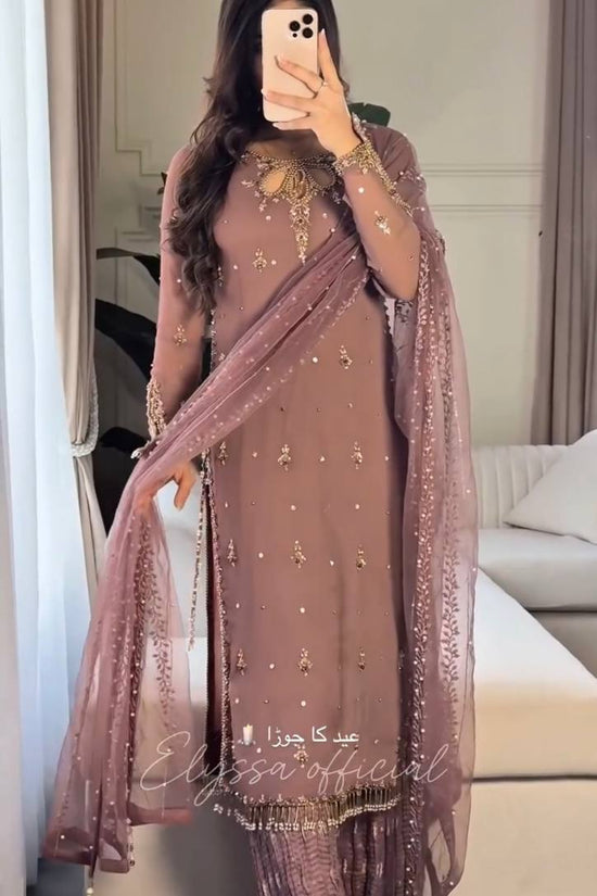 Mauve Straight-Cut Suit with Embellished Dupatta & Sharara Pants