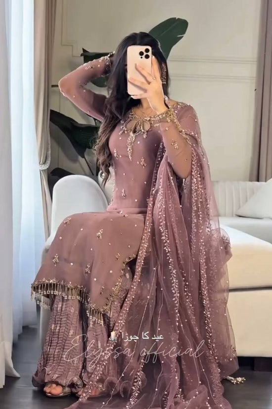 Mauve Straight-Cut Suit with Embellished Dupatta & Sharara Pants