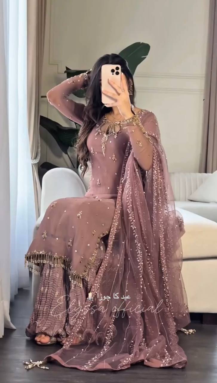 Mauve Straight-Cut Suit with Embellished Dupatta & Sharara Pants