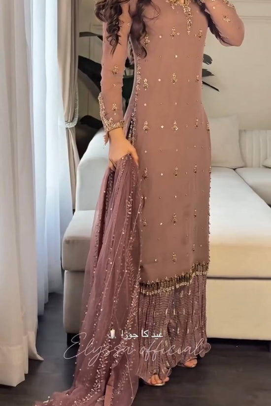 Mauve Straight-Cut Suit with Embellished Dupatta & Sharara Pants