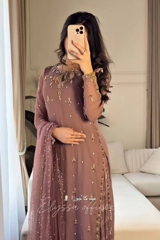 Mauve Straight-Cut Suit with Embellished Dupatta & Sharara Pants