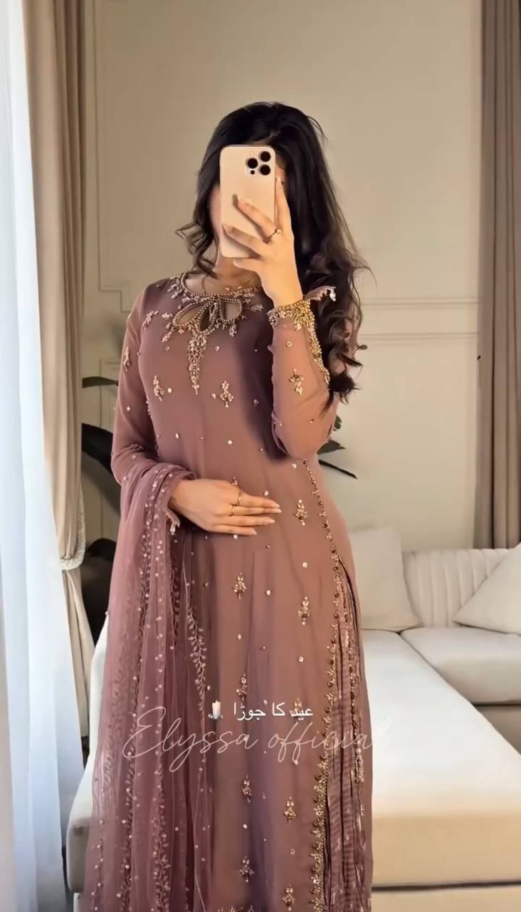 Mauve Straight-Cut Suit with Embellished Dupatta & Sharara Pants