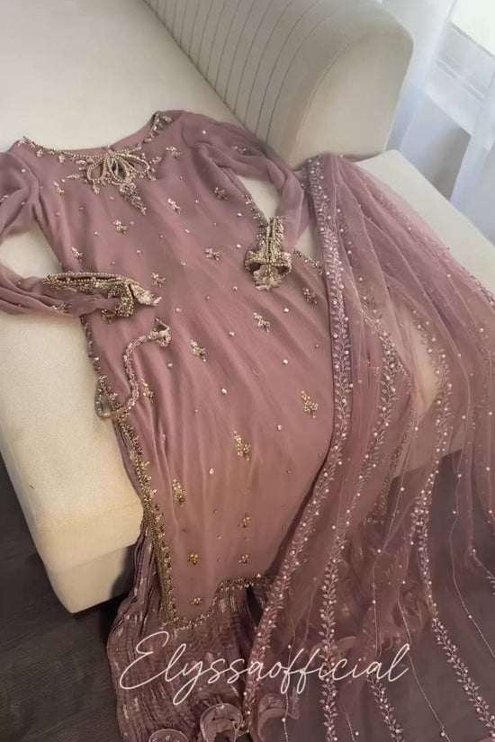 Mauve Straight-Cut Suit with Embellished Dupatta & Sharara Pants