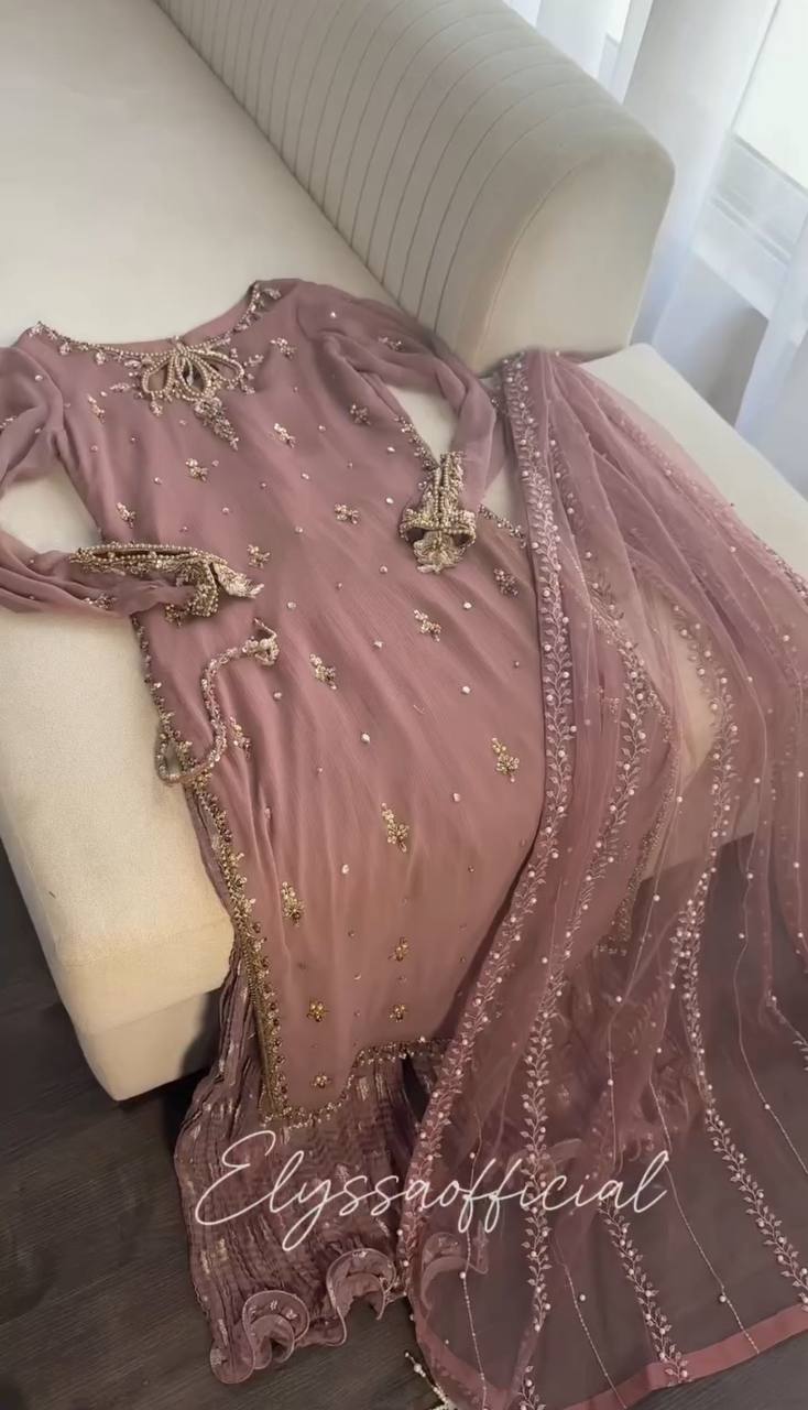 Mauve Straight-Cut Suit with Embellished Dupatta & Sharara Pants