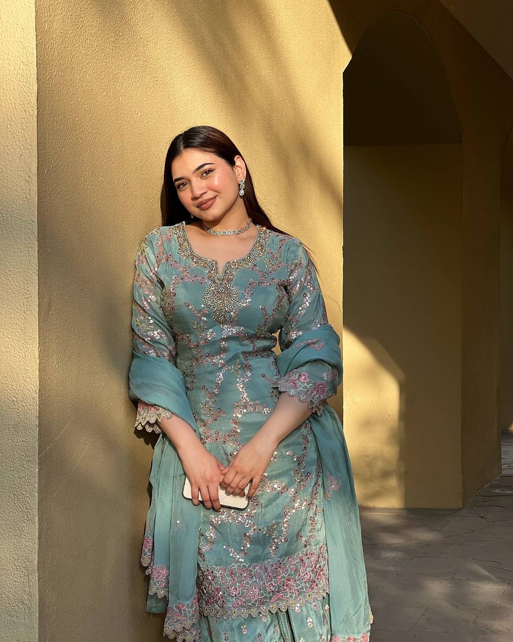Presenting new Pakistani ready to wear collection  sequins work top-pant with dupatta