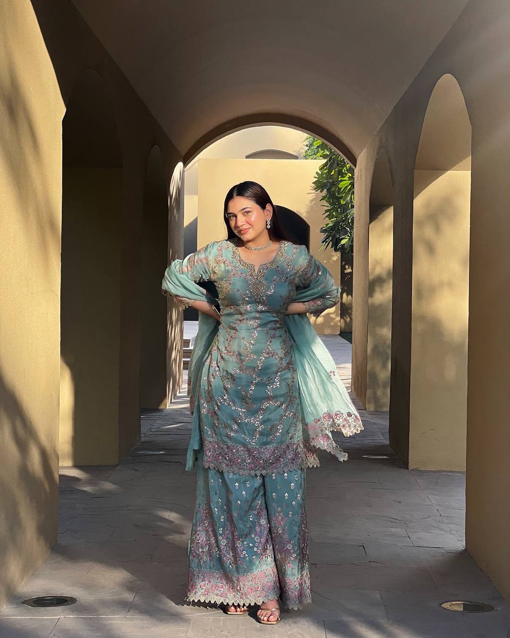 Presenting new Pakistani ready to wear collection  sequins work top-pant with dupatta