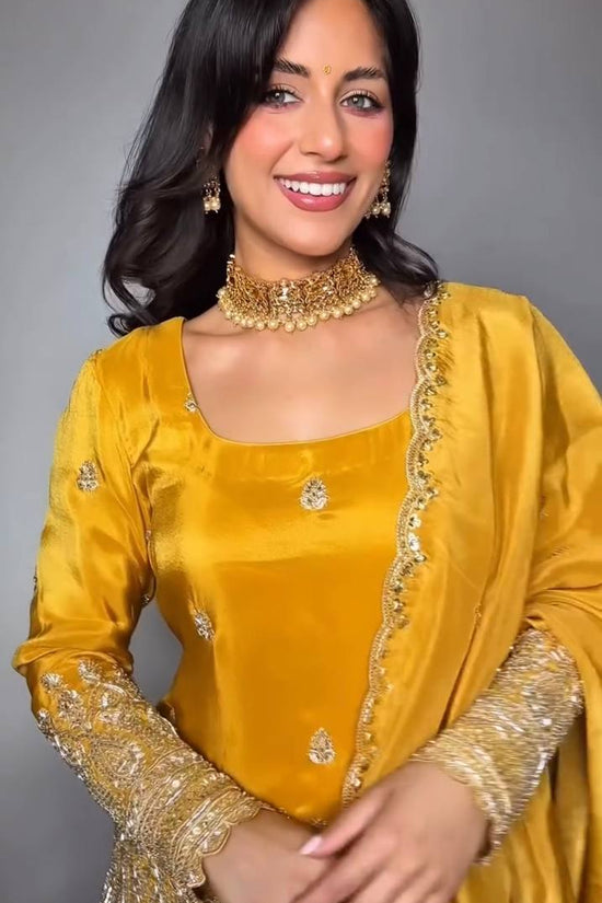 Mustard Yellow Embroidered Sharara Suit Set with Dupatta