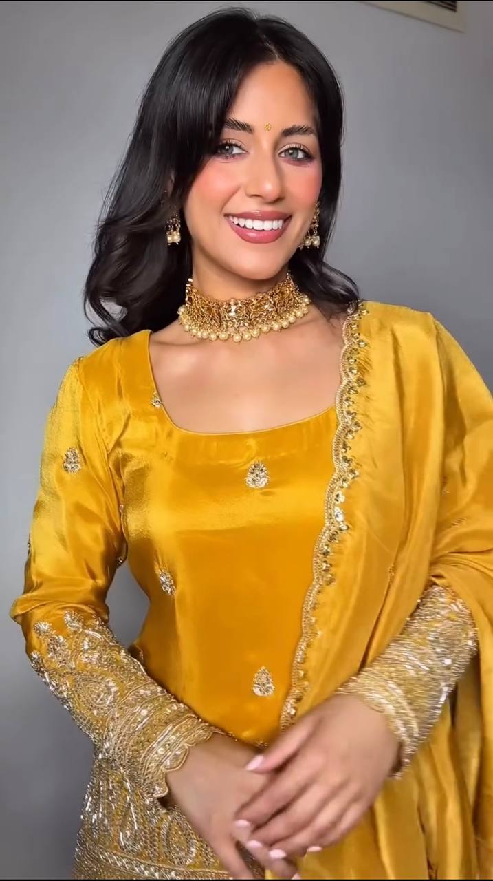 Mustard Yellow Embroidered Sharara Suit Set with Dupatta