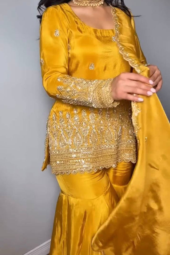 Mustard Yellow Embroidered Sharara Suit Set with Dupatta