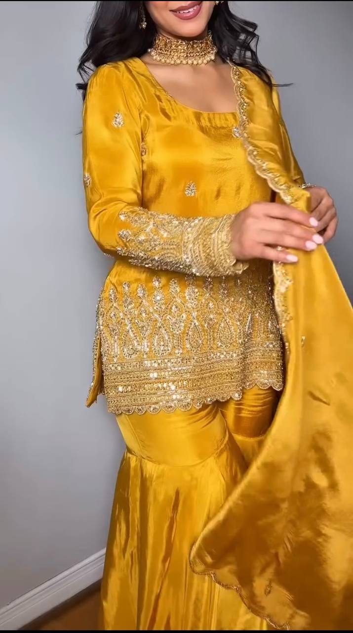 Mustard Yellow Embroidered Sharara Suit Set with Dupatta
