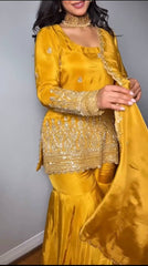 Mustard Yellow Embroidered Sharara Suit Set with Dupatta
