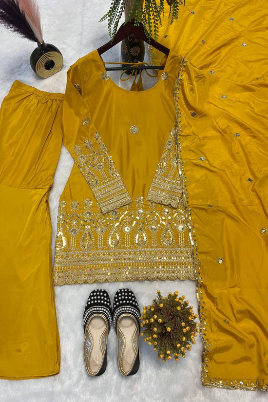 Mustard Yellow Embroidered Sharara Suit Set with Dupatta