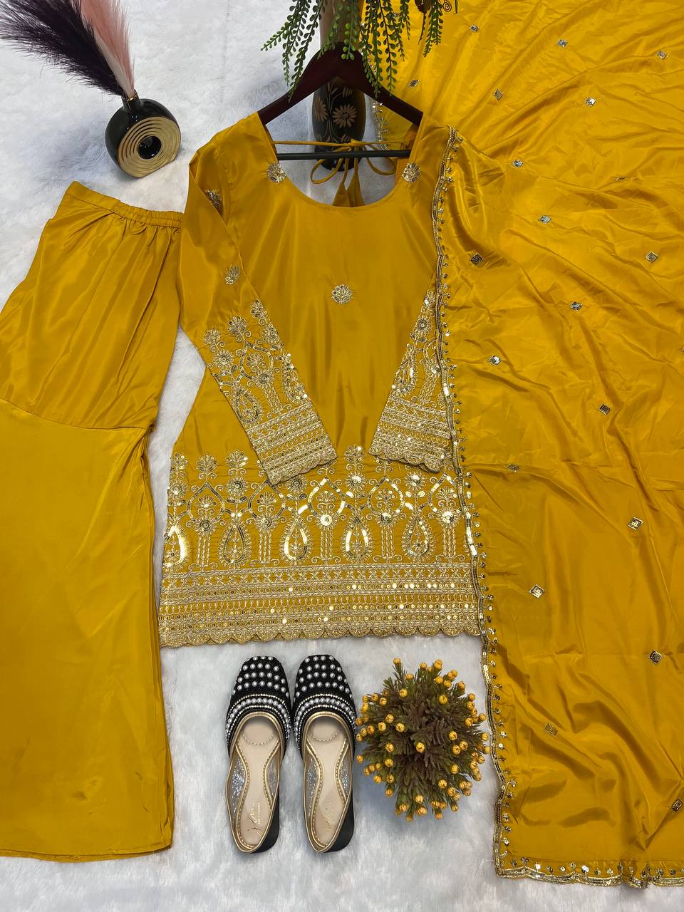 Mustard Yellow Embroidered Sharara Suit Set with Dupatta