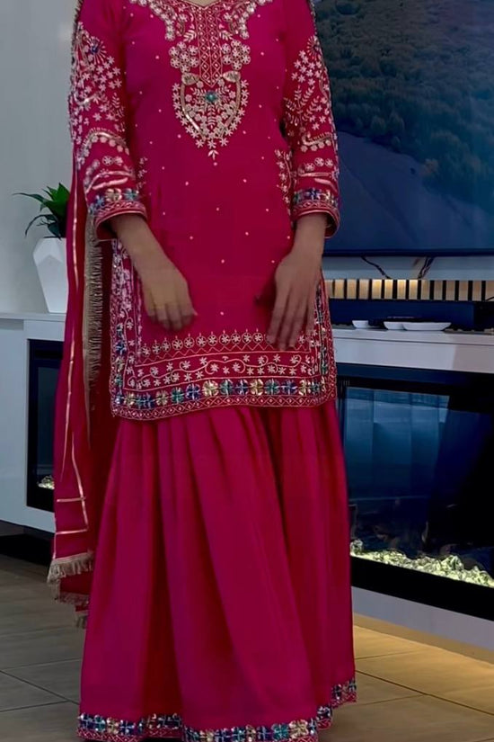 Hot Pink Embroidered Sharara Suit Set with Dupatta