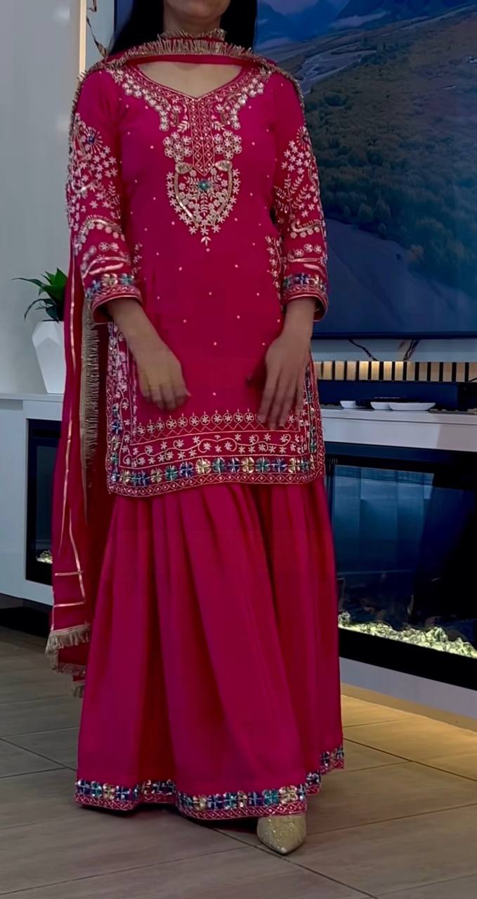 Hot Pink Embroidered Sharara Suit Set with Dupatta