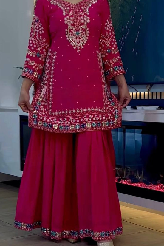 Hot Pink Embroidered Sharara Suit Set with Dupatta