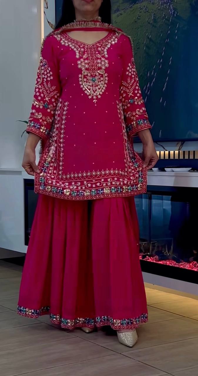 Hot Pink Embroidered Sharara Suit Set with Dupatta