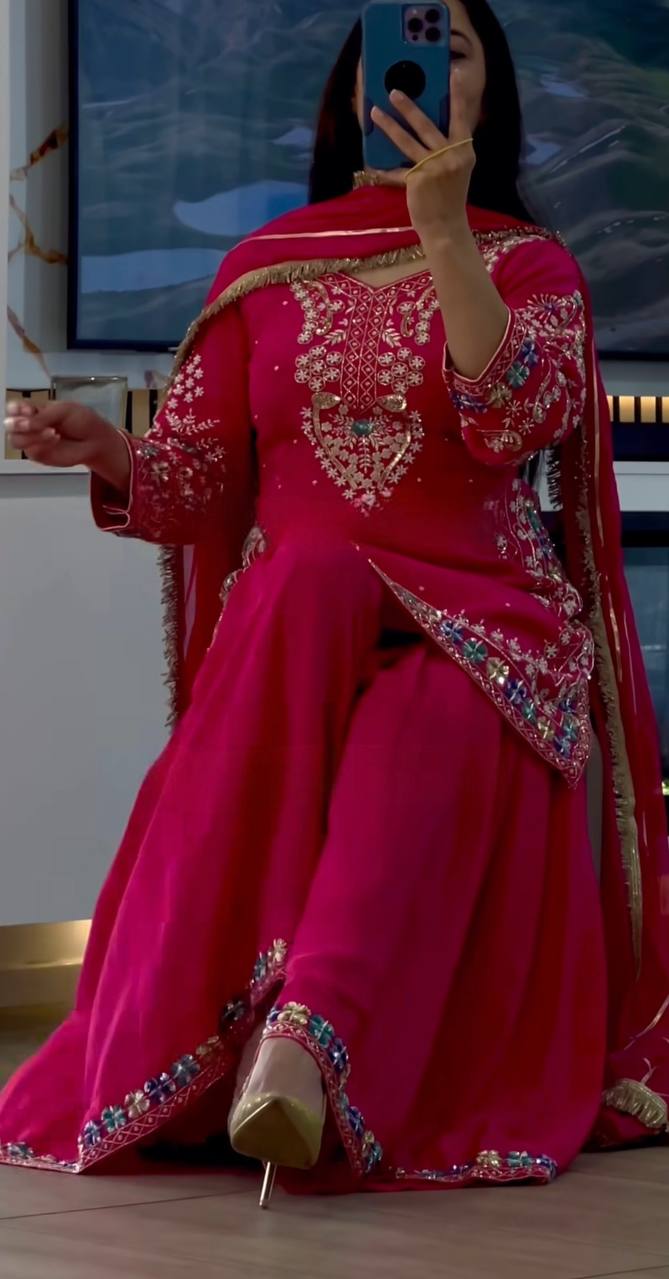 Hot Pink Embroidered Sharara Suit Set with Dupatta