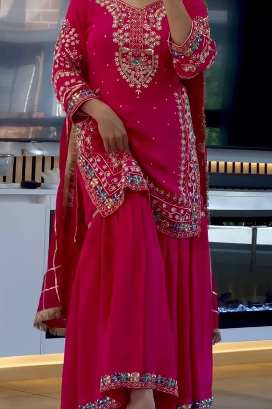 Hot Pink Embroidered Sharara Suit Set with Dupatta