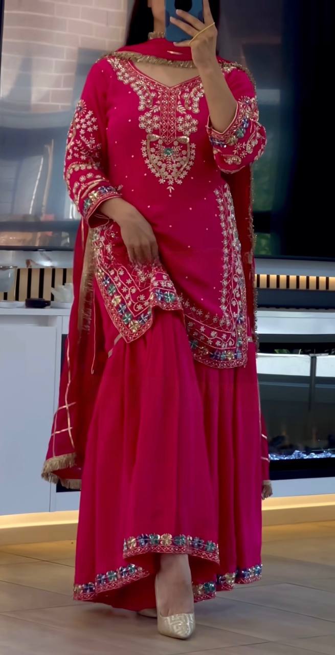 Hot Pink Embroidered Sharara Suit Set with Dupatta