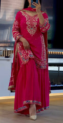 Hot Pink Embroidered Sharara Suit Set with Dupatta