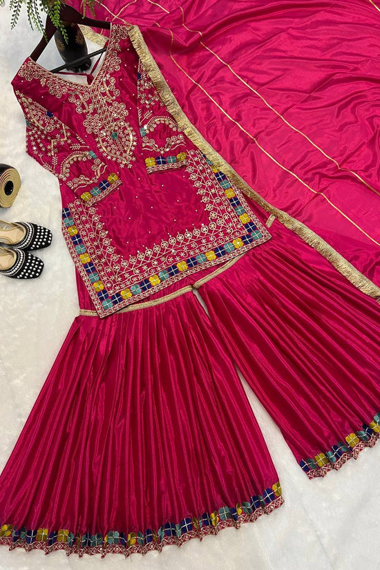 Hot Pink Embroidered Sharara Suit Set with Dupatta