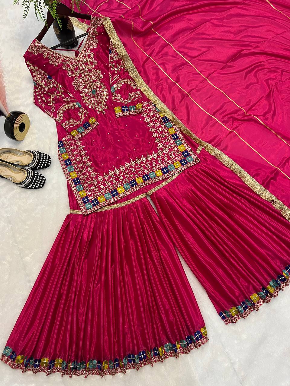 Hot Pink Embroidered Sharara Suit Set with Dupatta