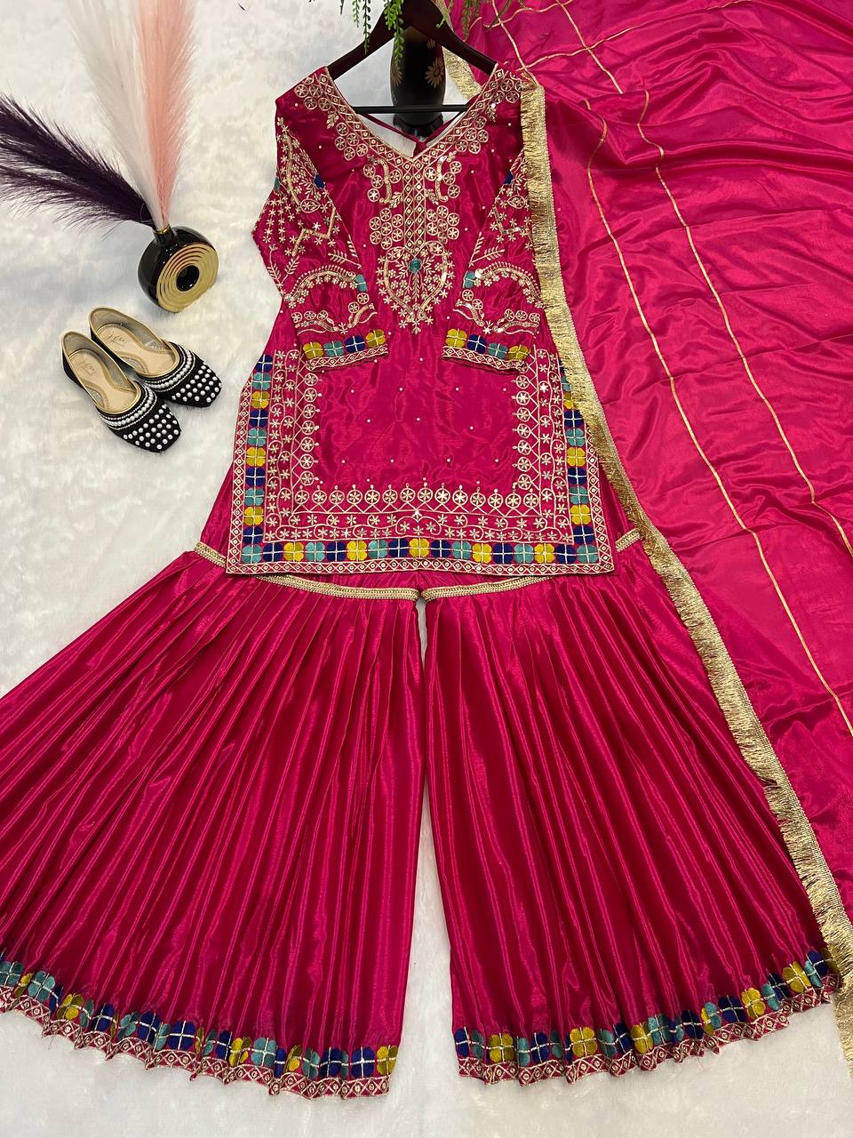 Hot Pink Embroidered Sharara Suit Set with Dupatta