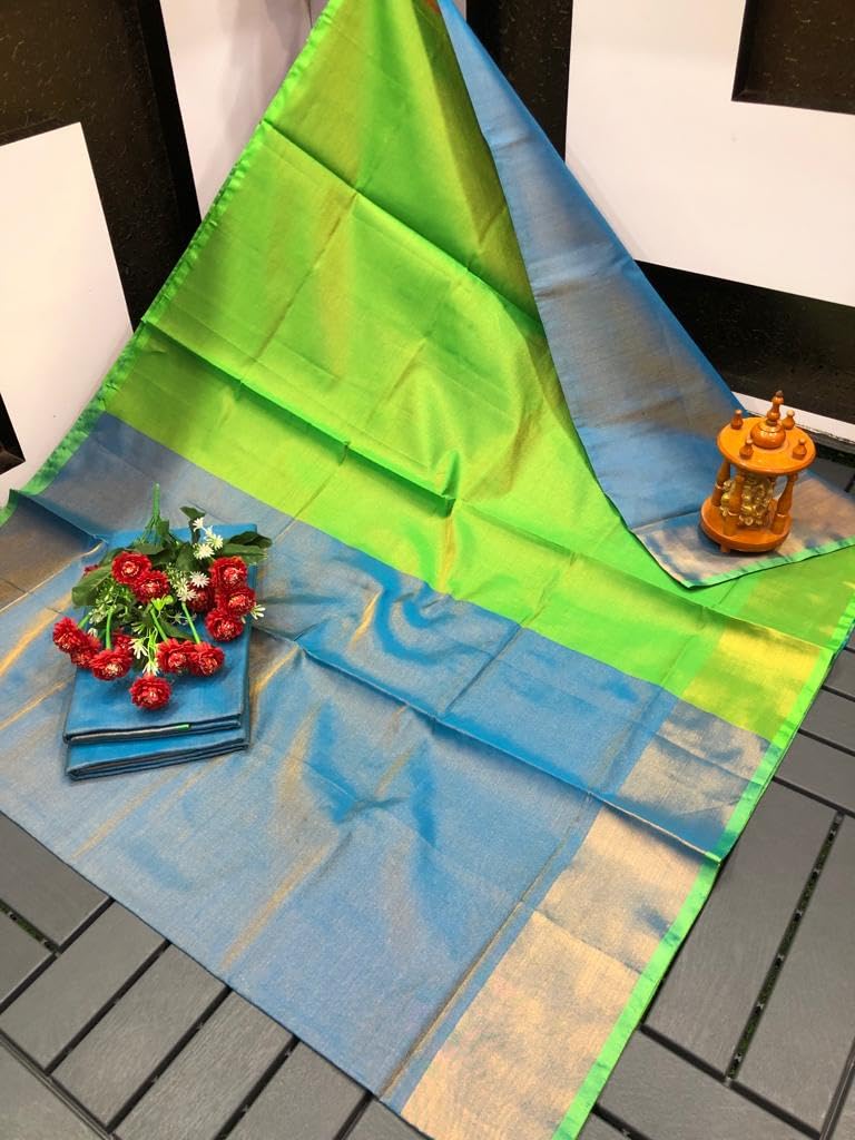 Ta la hi Collections Elegant Uppada Pattu Saree for Women, Stithced Readymade blouse (34-38) - Teal Blue and Parrot Green border- FALL and PICO Done/Talahi Collections