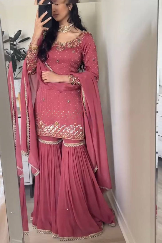 Dusty Rose Pink Sharara Suit with Golden Embroidery & Dupatta
