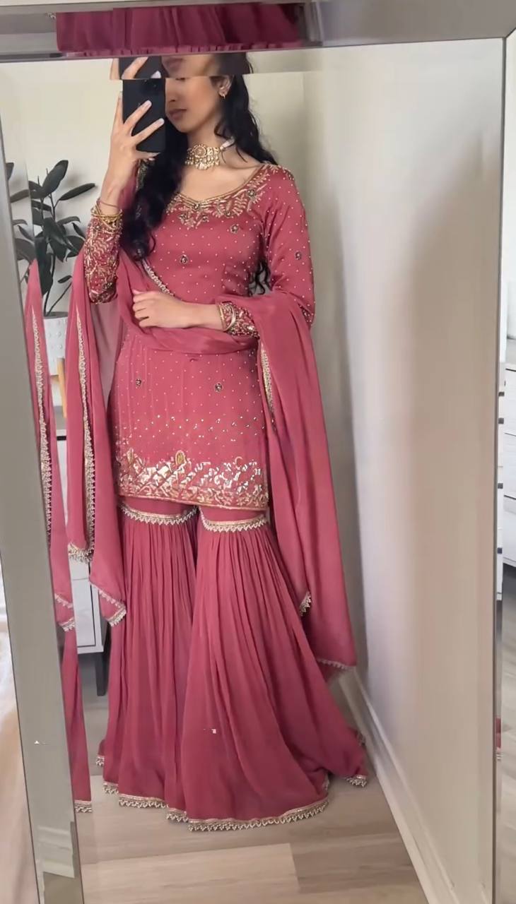 Dusty Rose Pink Sharara Suit with Golden Embroidery & Dupatta