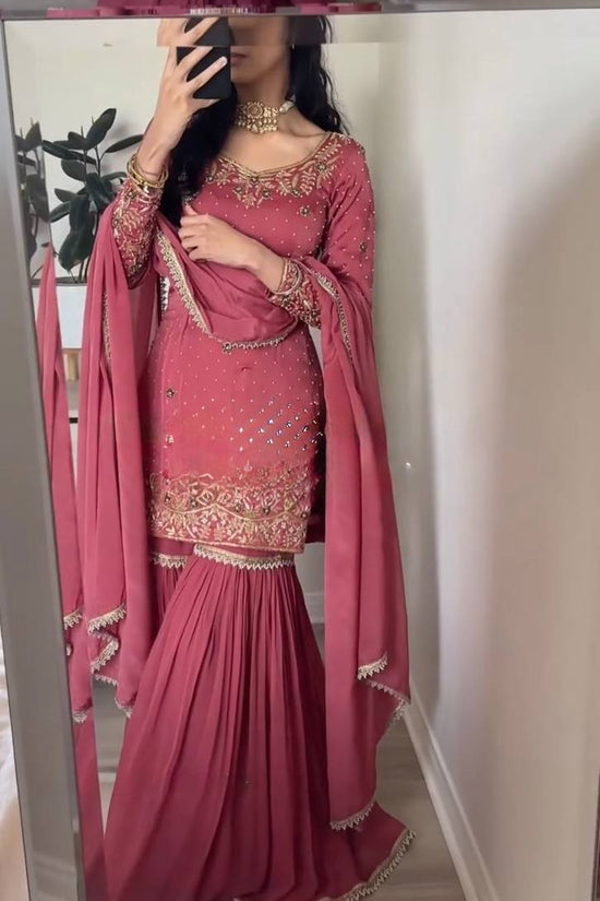 Dusty Rose Pink Sharara Suit with Golden Embroidery & Dupatta