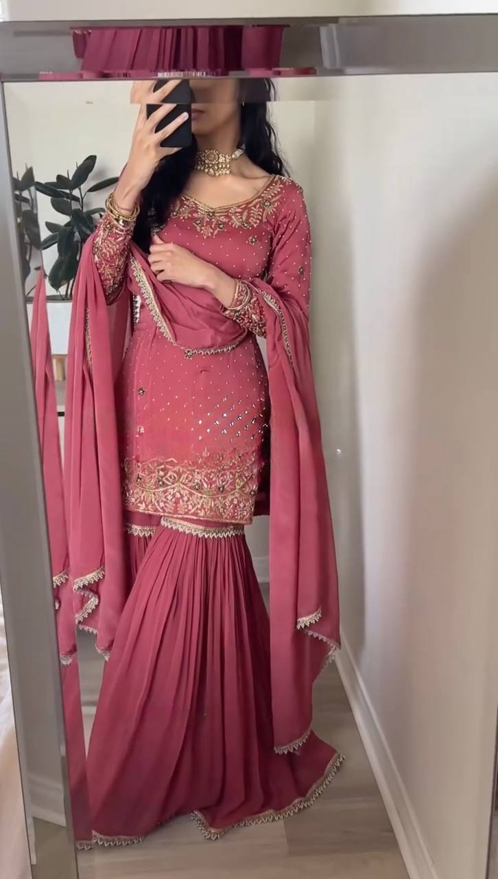 Dusty Rose Pink Sharara Suit with Golden Embroidery & Dupatta