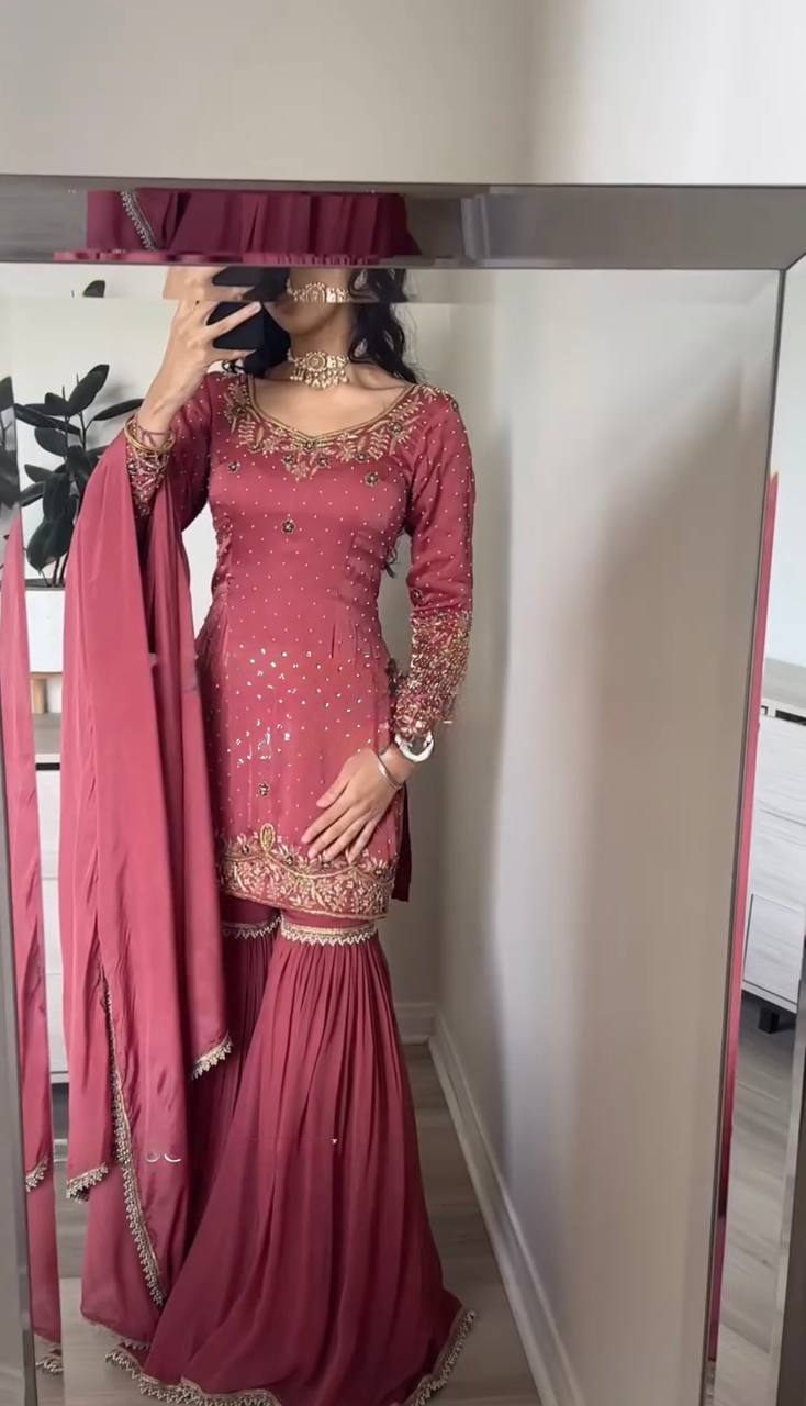 Dusty Rose Pink Sharara Suit with Golden Embroidery & Dupatta